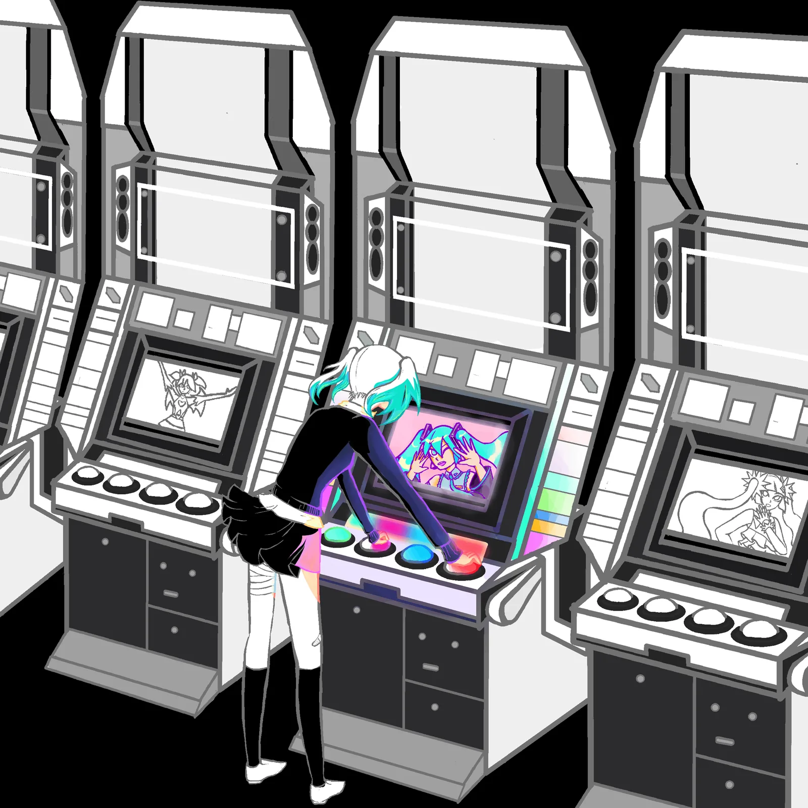 Black-and-white illustration of a girl with long teal pigtails playing a rhythm game in a row of arcade cabinets