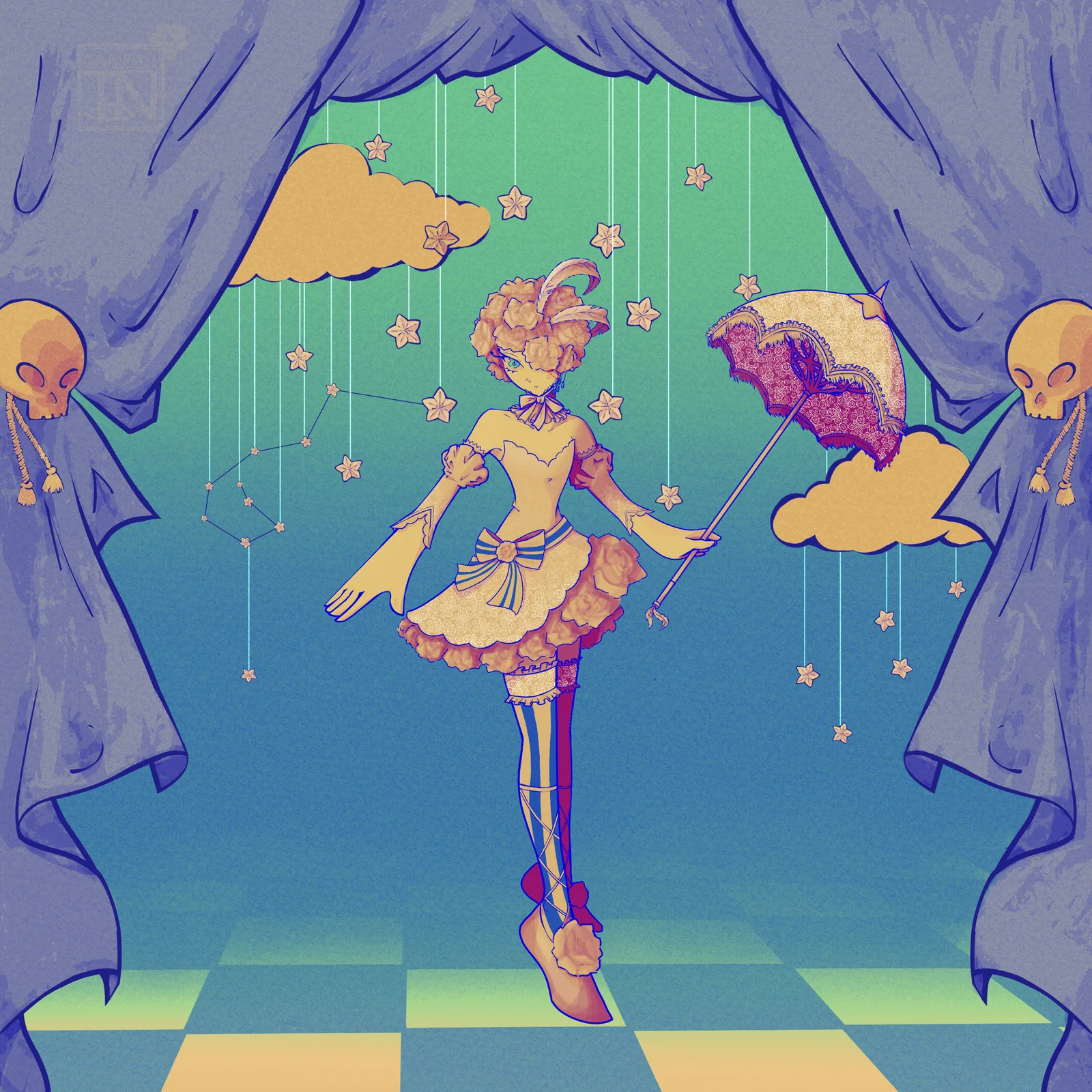 Pastel illustration of a doll dancing on strings on a theater stage with blue curtains and a checkered floor