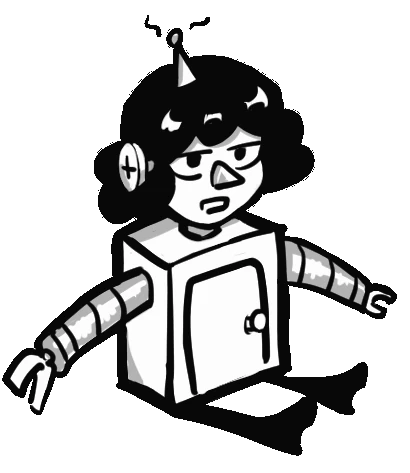 Black-and-white illustration of a curly-haired character in a cardboard robot costume with a party hat and antenna